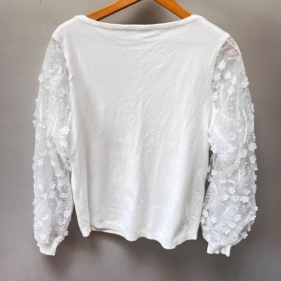 Sioni Milano White Knit Sweater With Embroidered Sheer Sleeves- Sz.‎ M - Picture 5 of 5